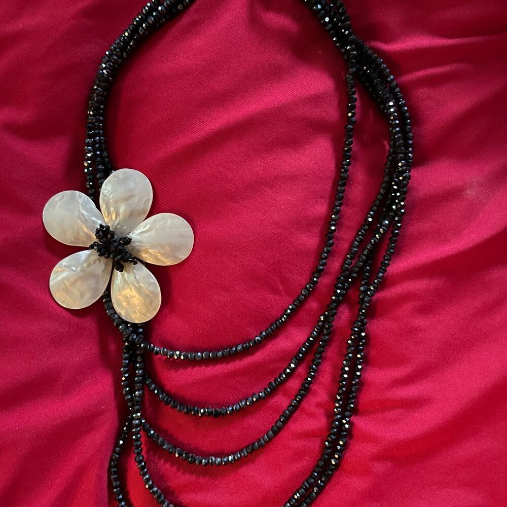 Multi-strand Black Glass Bead Necklace with Mother of Pearl Flower